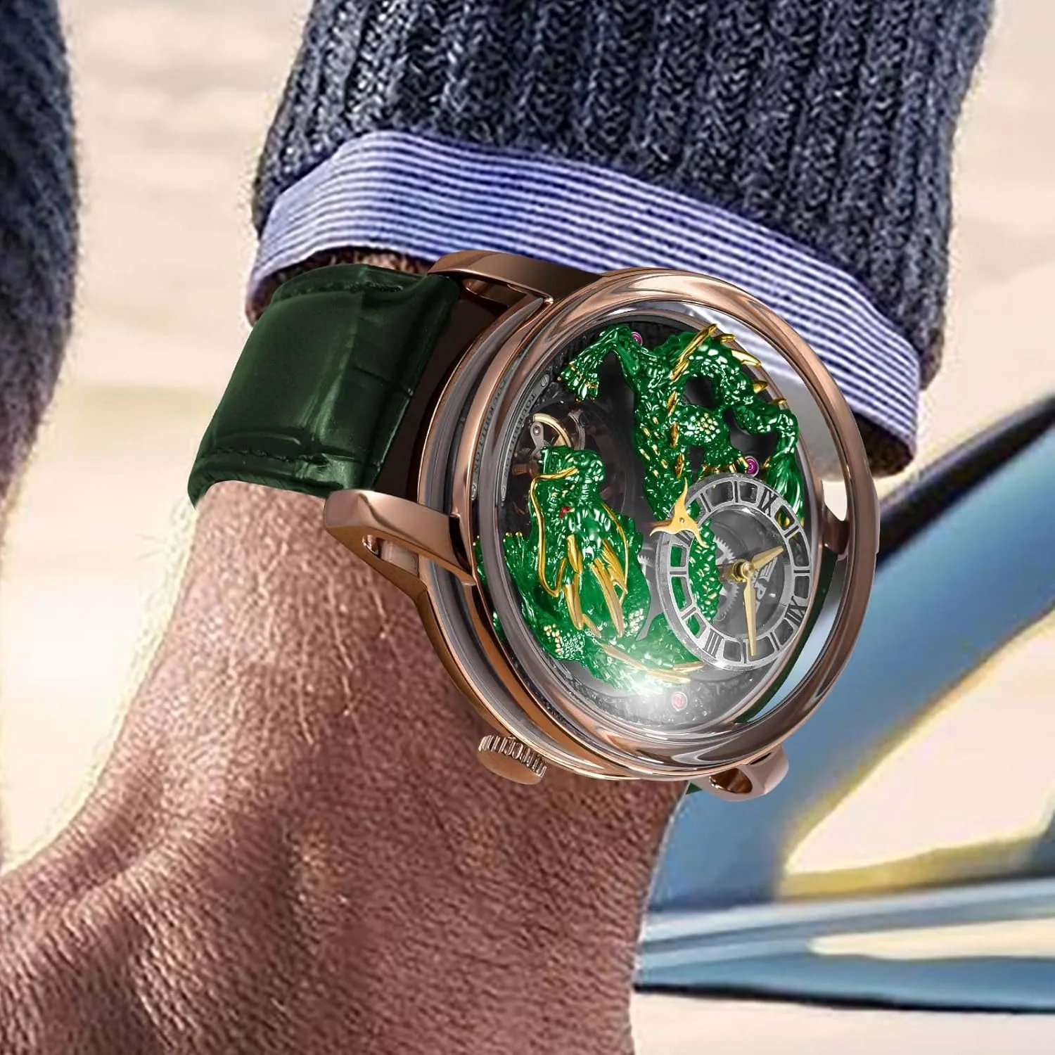 Edition Design The Dragon??s Legacy infection again 5ATM Waterproof Leather Watch Mechanical Watch PINDU Dragon Watches for Men, 3D Dimensional Limited 