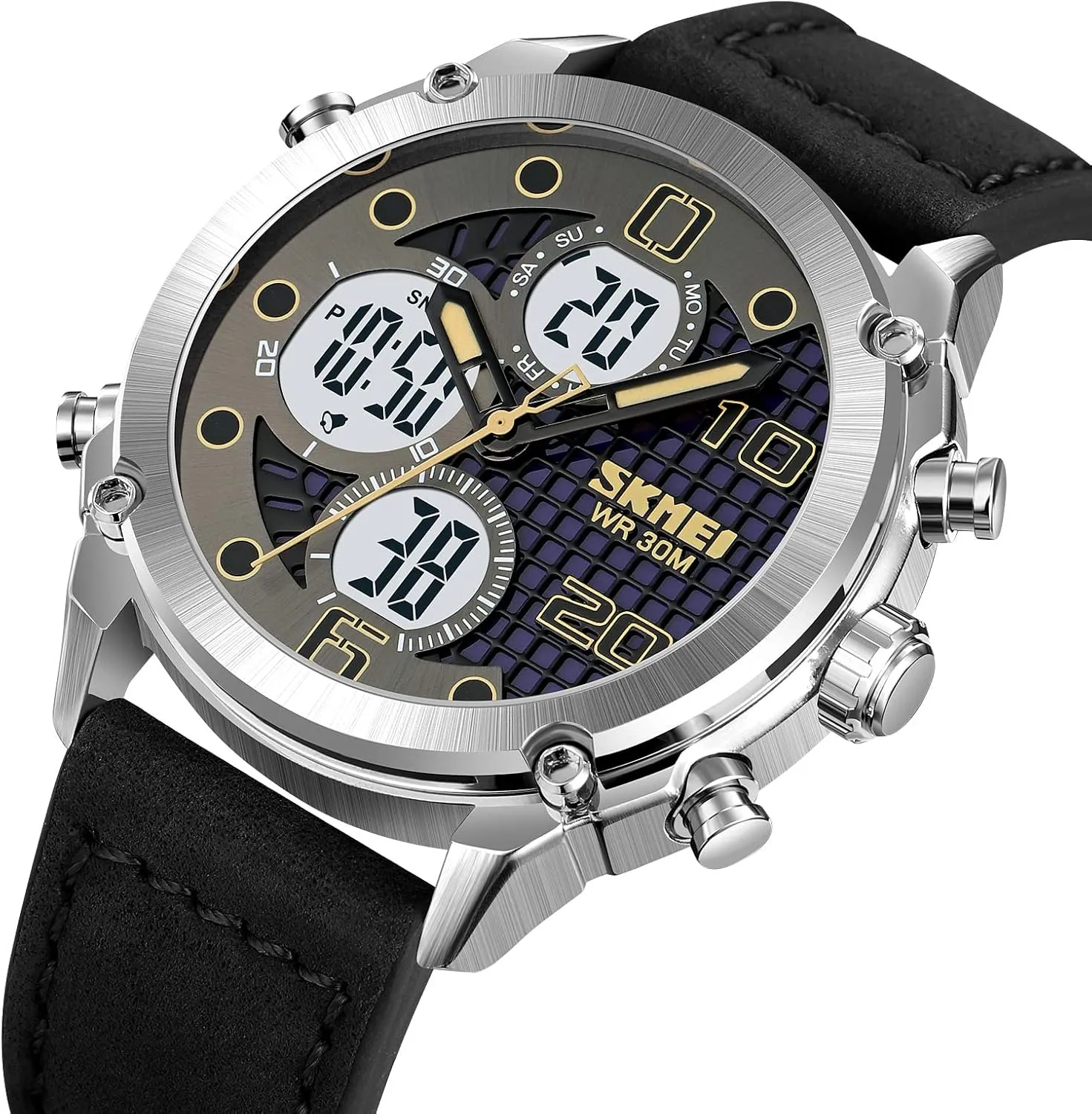 Electronic Watch Leather Stainless Steel Watch Fashion Men Watch Sport Watch Three Time implicit Double Display Analog Digital Multifunctional Outdoor Casual Watches for Men 30m Waterproof Luminous Men's Sports 