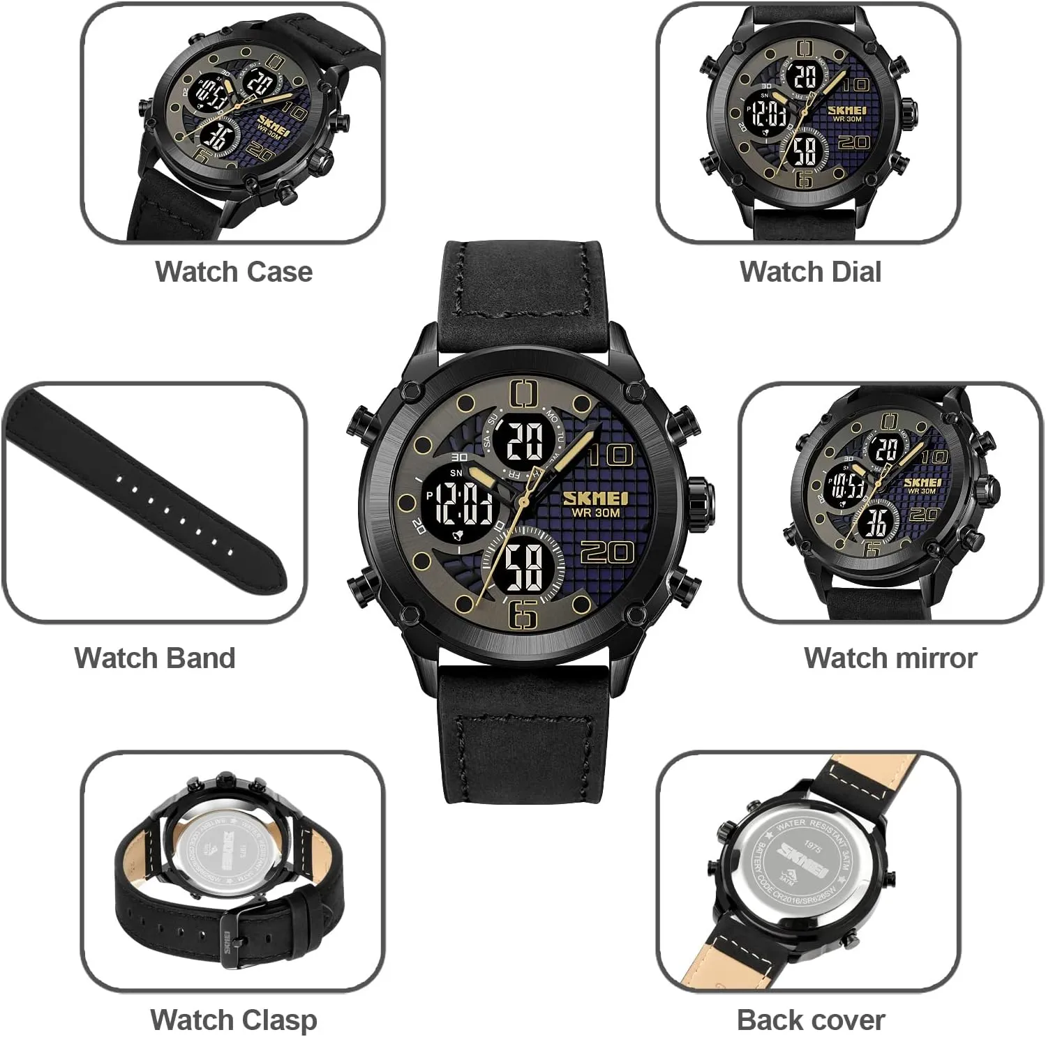 Electronic Watch Leather Stainless Steel Watch Fashion Men Watch Sport Watch Three Time implicit Double Display Analog Digital Multifunctional Outdoor Casual Watches for Men 30m Waterproof Luminous Men's Sports 