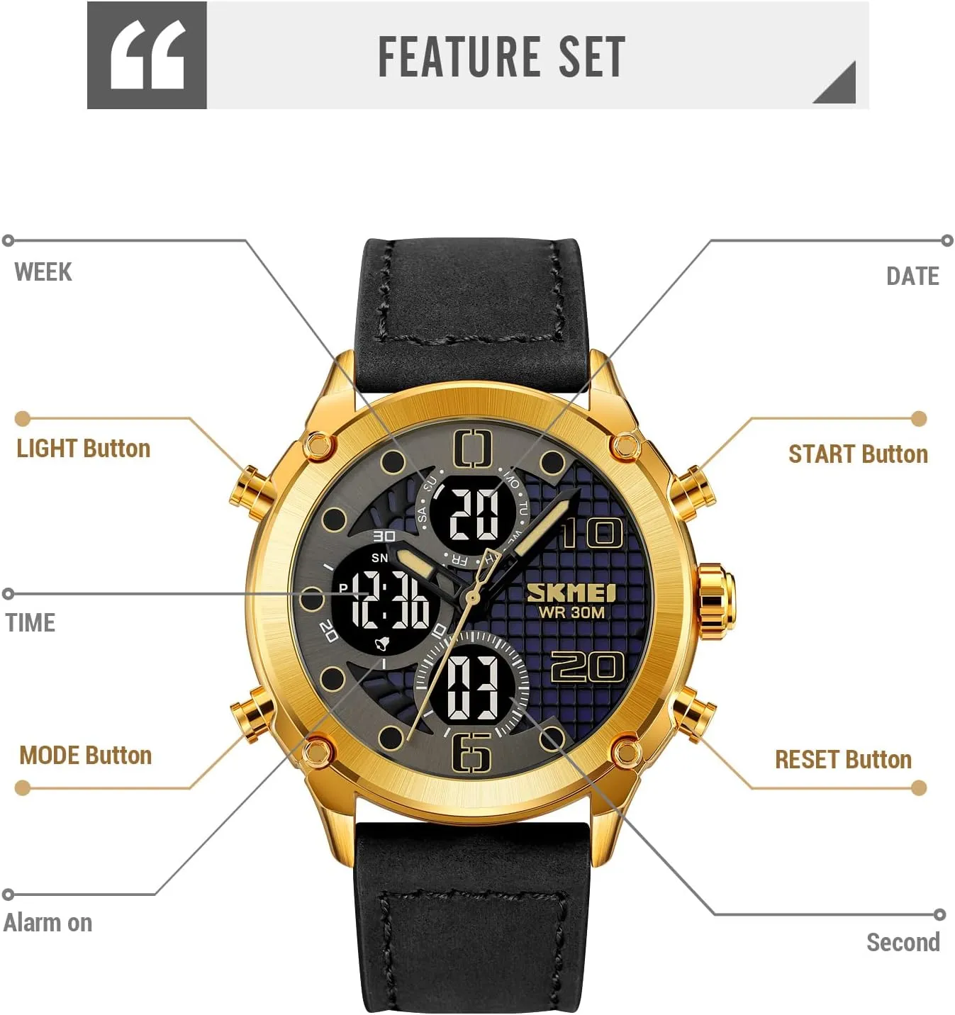 Electronic Watch Leather Stainless Steel Watch Fashion Men Watch Sport Watch Three Time implicit Double Display Analog Digital Multifunctional Outdoor Casual Watches for Men 30m Waterproof Luminous Men's Sports 