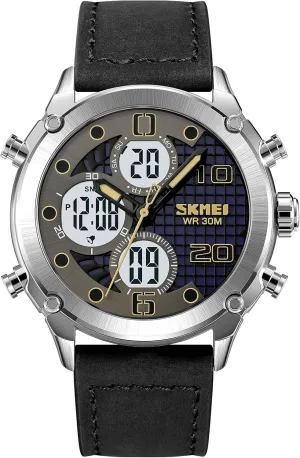 Electronic Watch Leather Stainless Steel Watch Fashion Men Watch Sport Watch Three Time implicit Double Display Analog Digital Multifunctional Outdoor Casual Watches for Men 30m Waterproof Luminous Men's Sports 