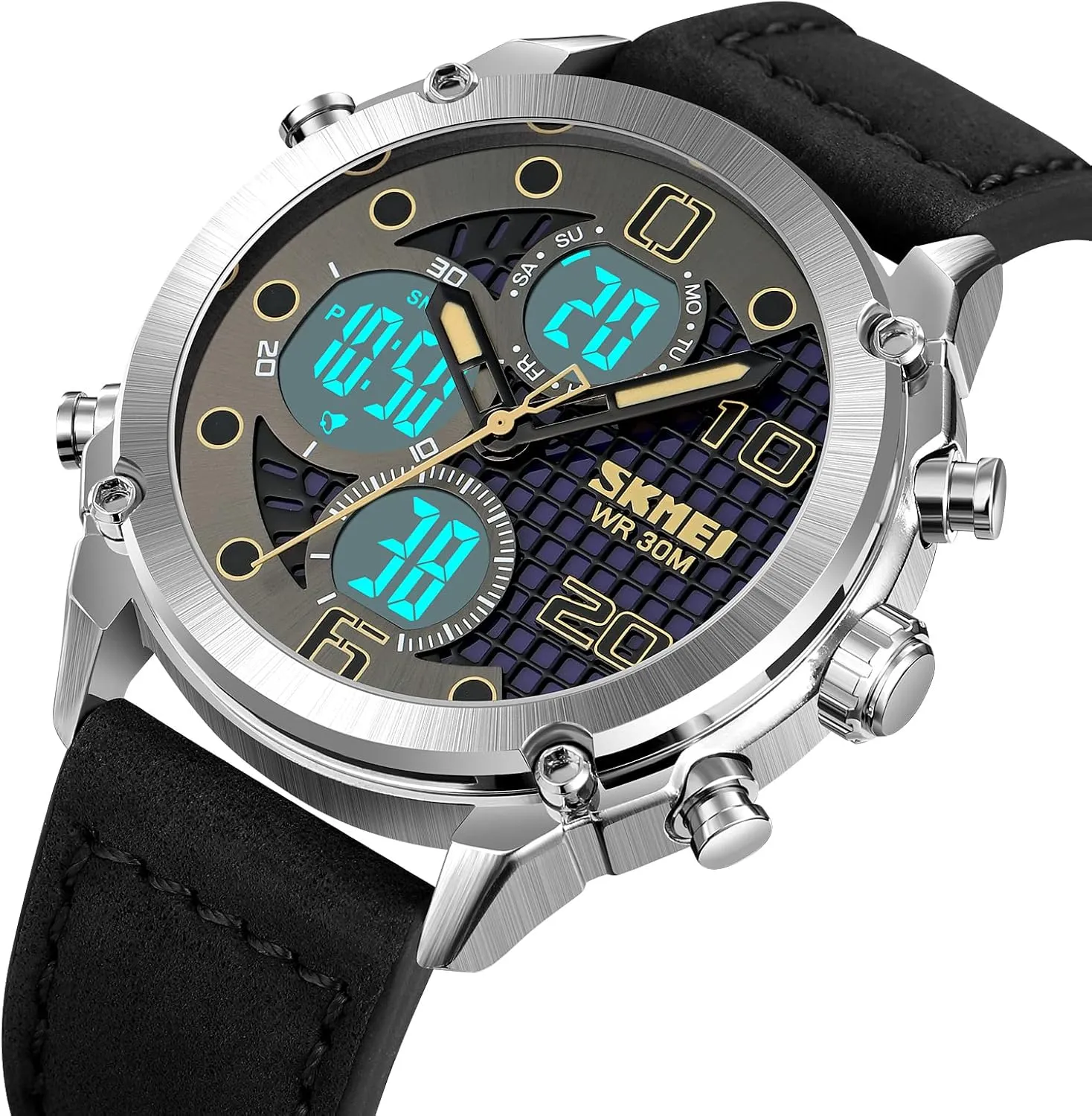 Electronic Watch Leather Stainless Steel Watch Fashion Men Watch Sport Watch Three Time implicit Double Display Analog Digital Multifunctional Outdoor Casual Watches for Men 30m Waterproof Luminous Men's Sports 