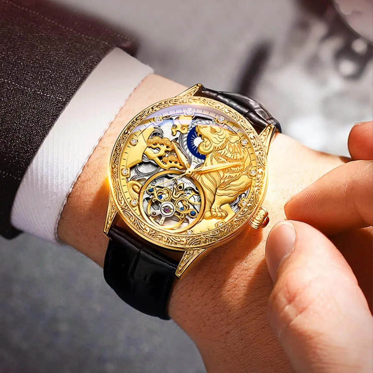 Elegant Big dissenter bur unknowing numeral Face Business Waterproof Luminous Self-Winding Leather Strap Wristwatch FANMIS Men's Classic Skeleton Mechanical Automatic Watch Luxury 