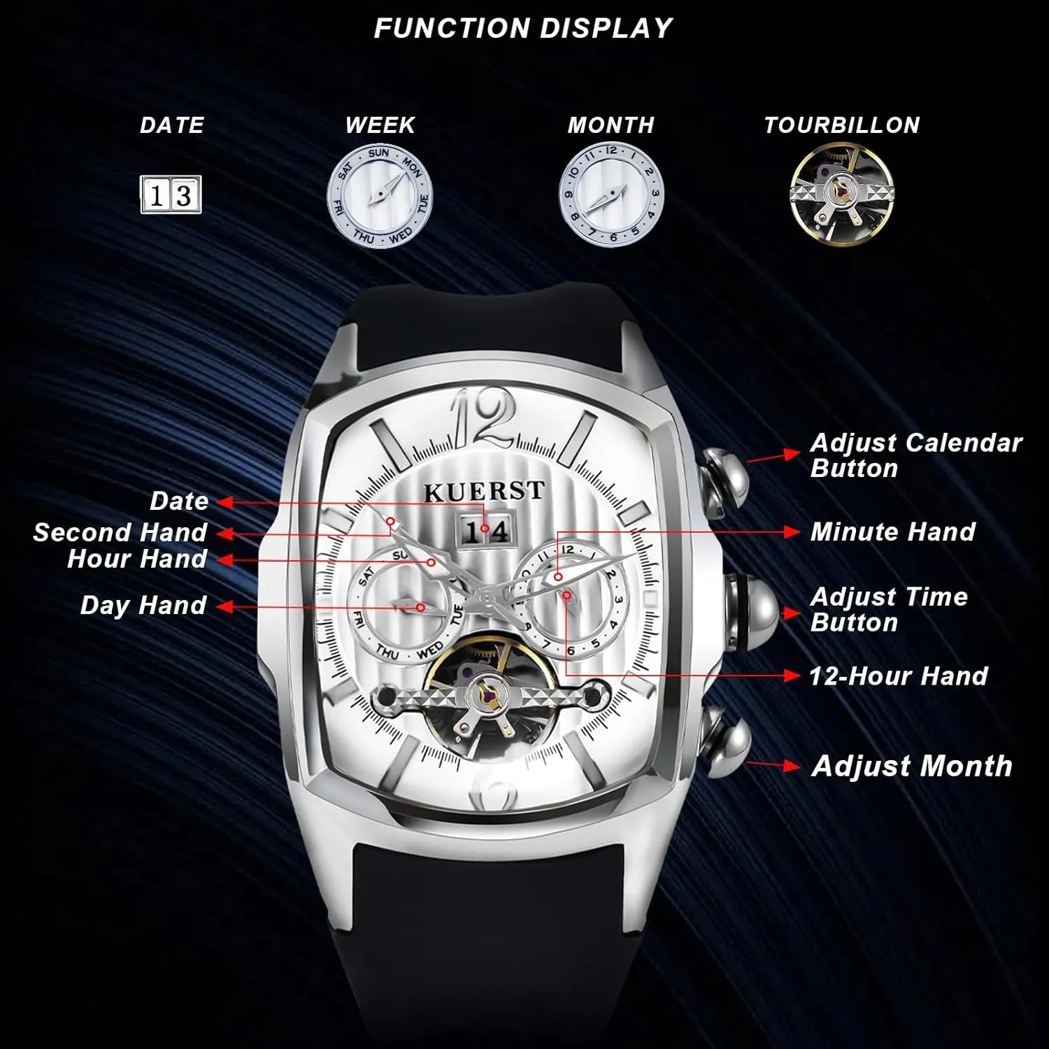 Elegant Business Wristwatches Men Automatic Watch Square Tourbillon Mechanical. Month, Date and Week Display, Stainless Steel belt Stylish Design 