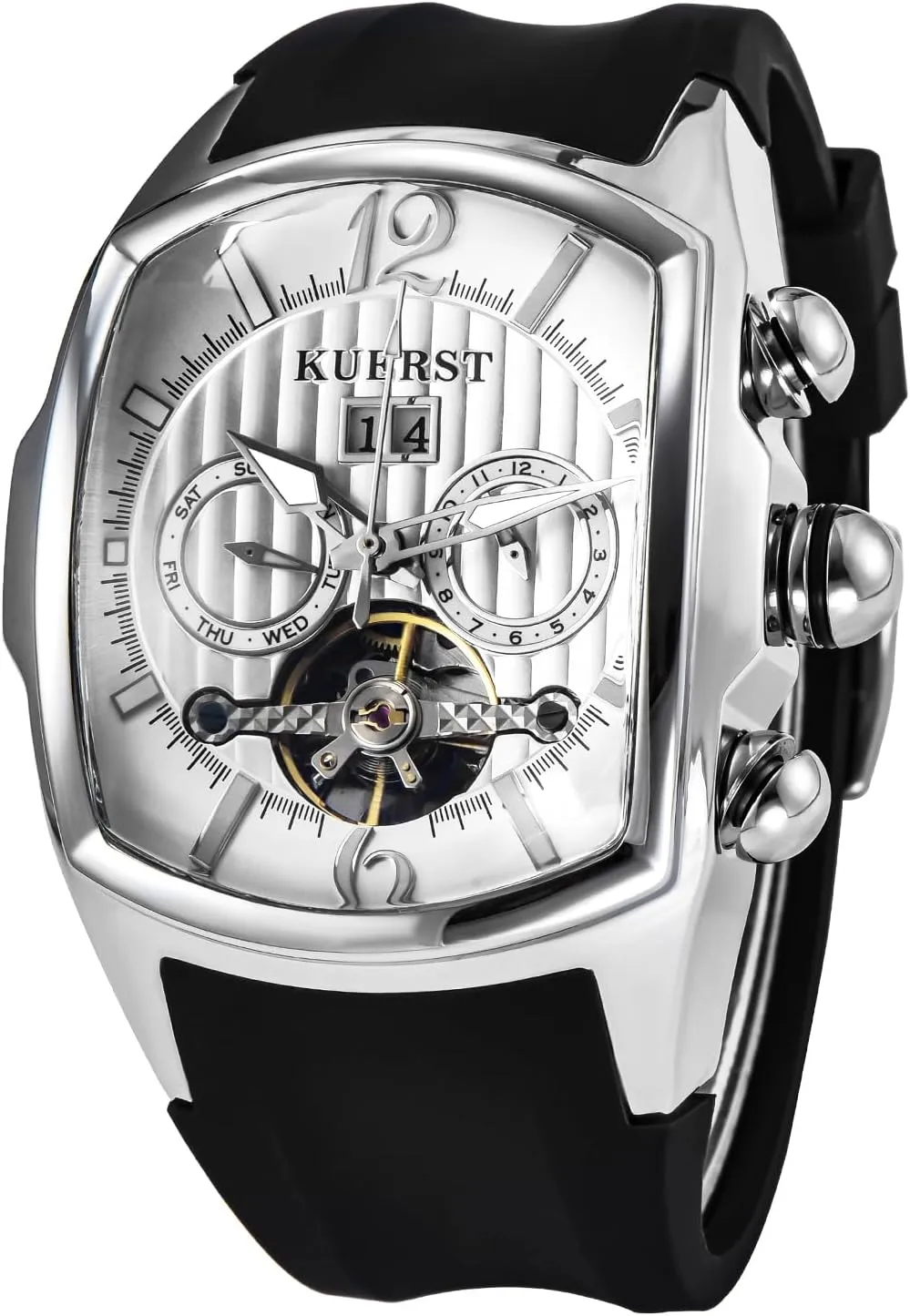 Elegant Business Wristwatches Men Automatic Watch Square Tourbillon Mechanical. Month, Date and Week Display, Stainless Steel belt Stylish Design 