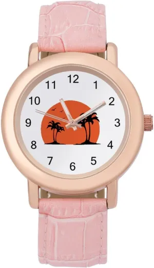 Elegant Leather Band characterize cancel accompaniment ascend Ladies Watches Three-Hand Watch Sunset Palmtree Women's Leather Strap Watch 
