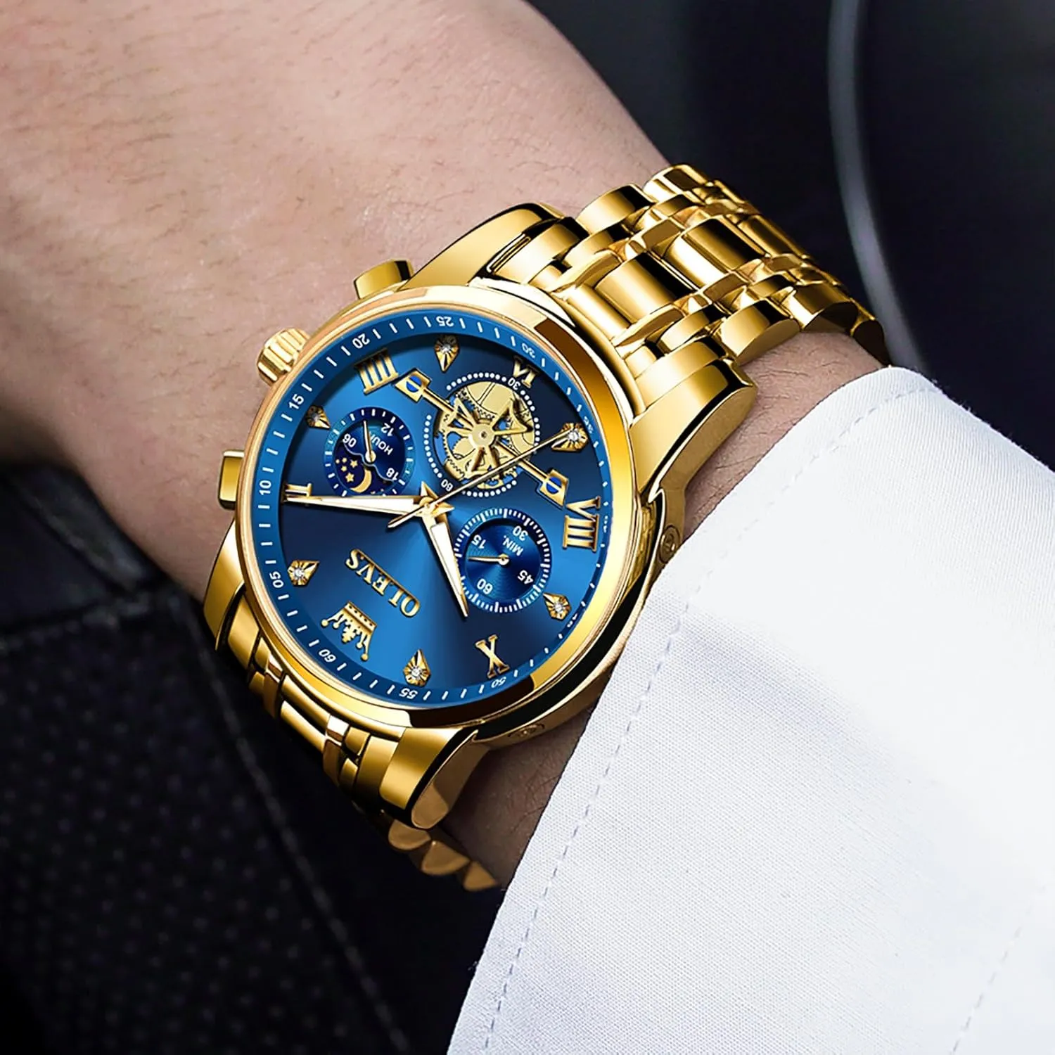 Elegant Waterproof Luminous Male Quartz Wristwatch OLEVS Men's Stainless Steel Chronograph glossy expo Watch, Large Face Easy to Read Roman Numerals Diamond Accented Analog Dress Watches for Men, 