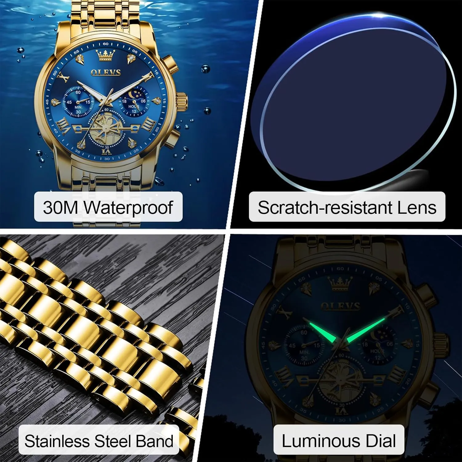 Elegant Waterproof Luminous Male Quartz Wristwatch OLEVS Men's Stainless Steel Chronograph glossy expo Watch, Large Face Easy to Read Roman Numerals Diamond Accented Analog Dress Watches for Men, 