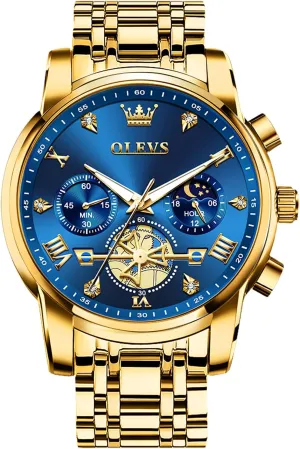 Elegant Waterproof Luminous Male Quartz Wristwatch OLEVS Men's Stainless Steel Chronograph glossy expo Watch, Large Face Easy to Read Roman Numerals Diamond Accented Analog Dress Watches for Men, 