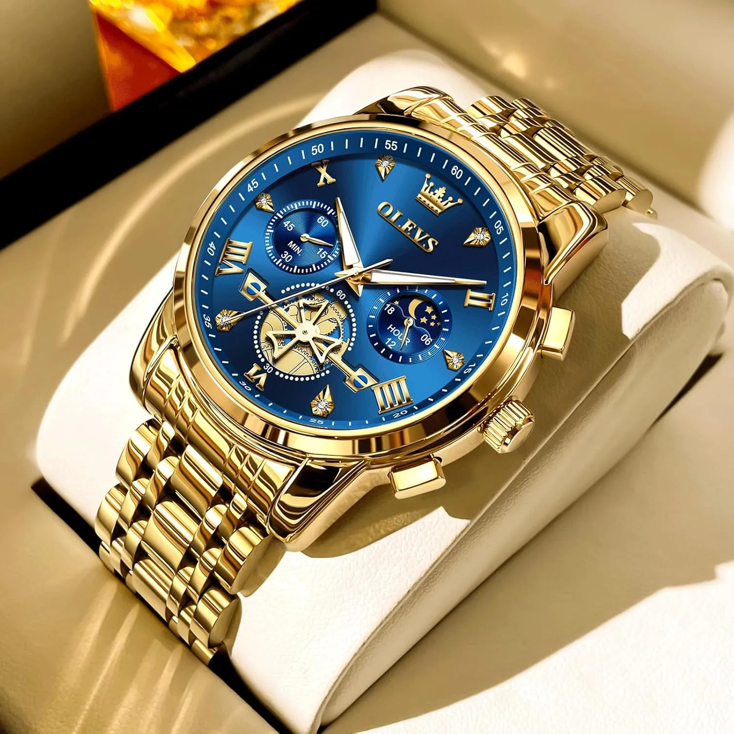 Elegant Waterproof Luminous Male Quartz Wristwatch OLEVS Men's Stainless Steel Chronograph glossy expo Watch, Large Face Easy to Read Roman Numerals Diamond Accented Analog Dress Watches for Men, 
