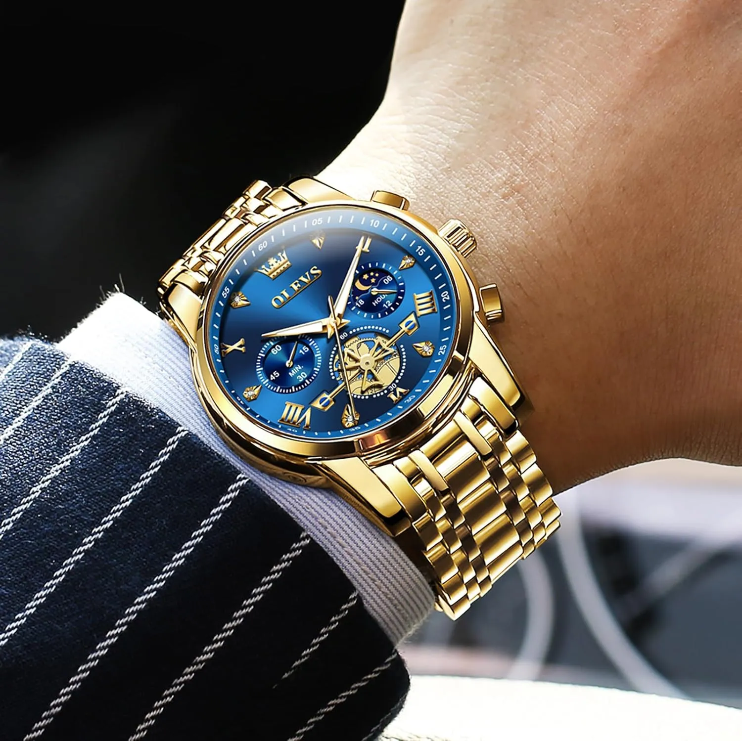 Elegant Waterproof Luminous Male Quartz Wristwatch OLEVS Men's Stainless Steel Chronograph glossy expo Watch, Large Face Easy to Read Roman Numerals Diamond Accented Analog Dress Watches for Men, 