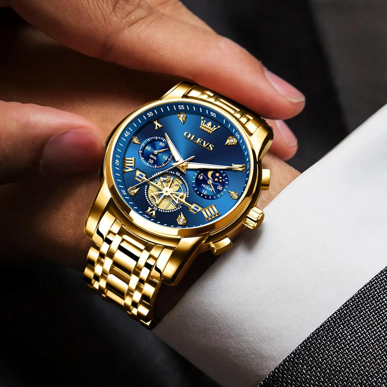 Elegant Waterproof Luminous Male Quartz Wristwatch OLEVS Men's Stainless Steel Chronograph glossy expo Watch, Large Face Easy to Read Roman Numerals Diamond Accented Analog Dress Watches for Men, 