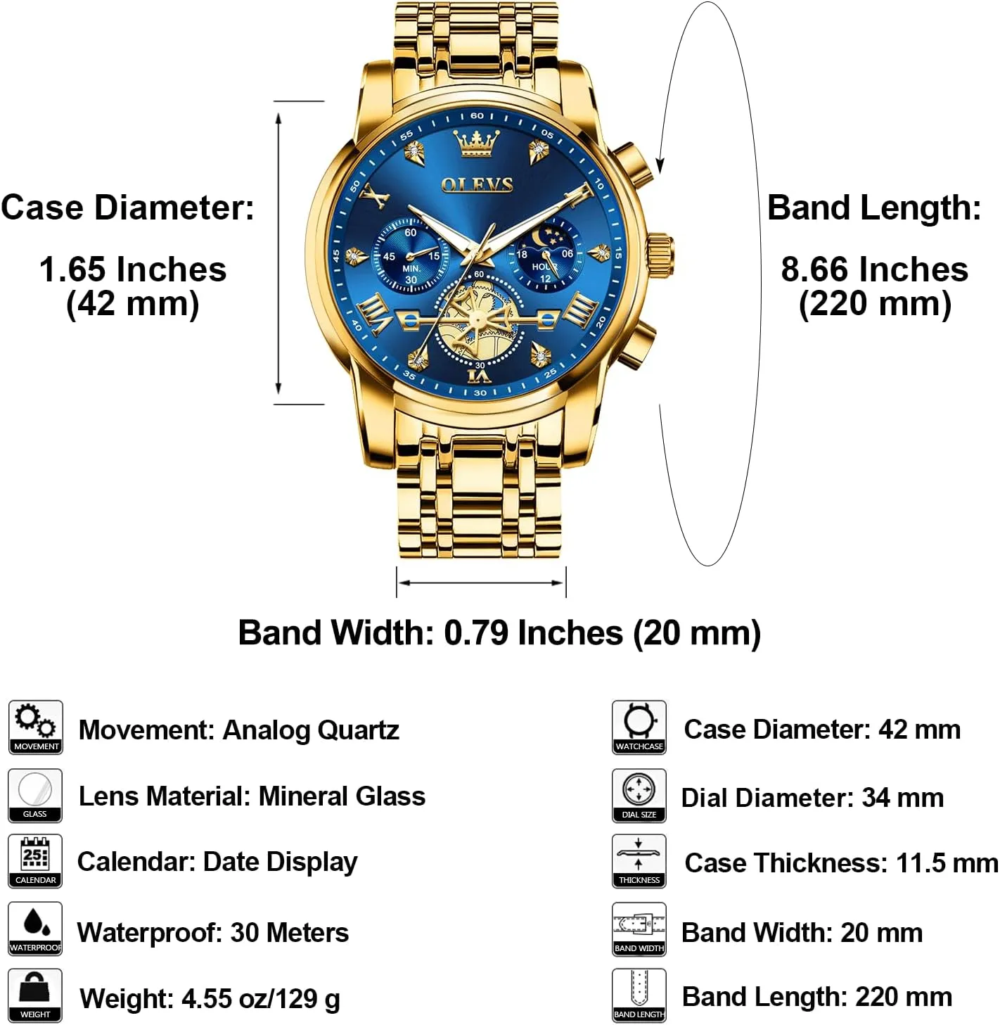 Elegant Waterproof Luminous Male Quartz Wristwatch OLEVS Men's Stainless Steel Chronograph glossy expo Watch, Large Face Easy to Read Roman Numerals Diamond Accented Analog Dress Watches for Men, 