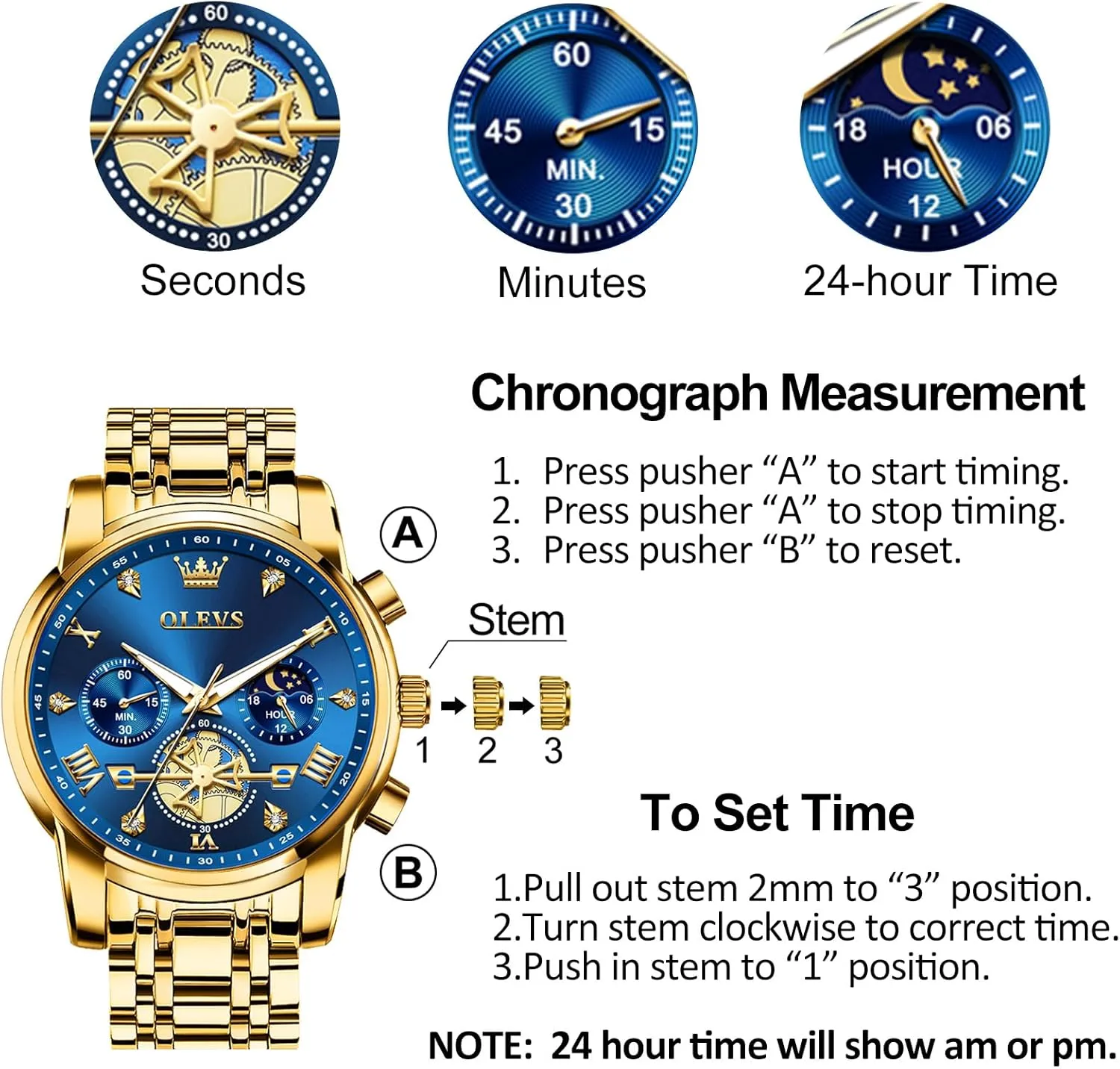 Elegant Waterproof Luminous Male Quartz Wristwatch OLEVS Men's Stainless Steel Chronograph glossy expo Watch, Large Face Easy to Read Roman Numerals Diamond Accented Analog Dress Watches for Men, 