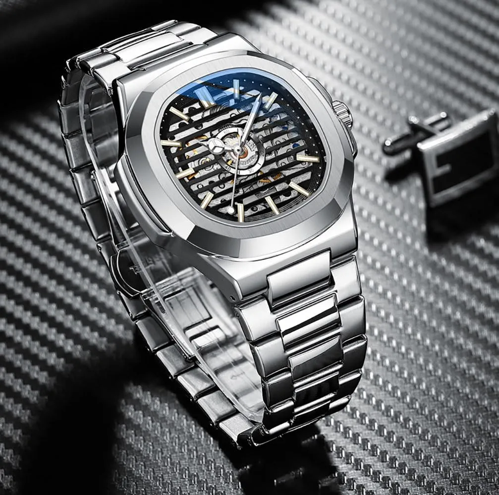 evergreen vicissitude Talbot rouse Men Automatic Watches Big Dial Luminous Hollow Pattern Wrist Watches Stainless Steel Waterproof Silver Watch ADSBIAOYE Vintage 