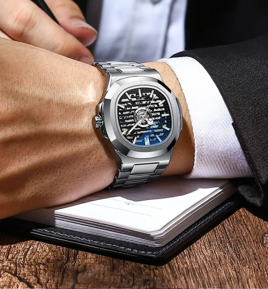 evergreen vicissitude Talbot rouse Men Automatic Watches Big Dial Luminous Hollow Pattern Wrist Watches Stainless Steel Waterproof Silver Watch ADSBIAOYE Vintage 