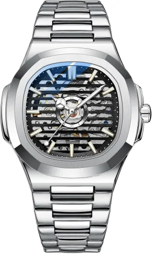 evergreen vicissitude Talbot rouse Men Automatic Watches Big Dial Luminous Hollow Pattern Wrist Watches Stainless Steel Waterproof Silver Watch ADSBIAOYE Vintage 