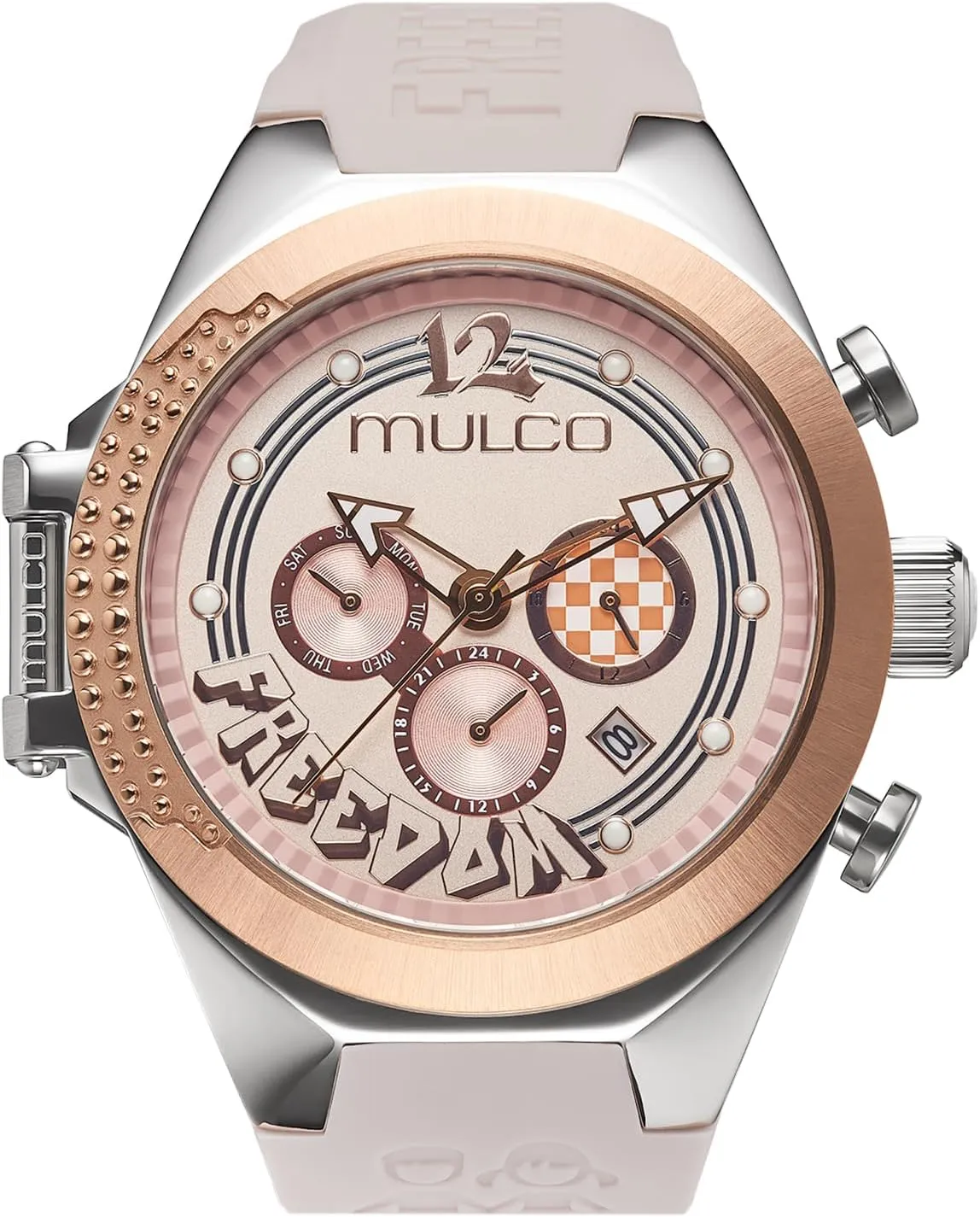 Face Analog Display, Crystal Diamonds and Gold Accents, 100m Waterproof MULCO Watches for Women Freedom, Gold Stainless Steel Case with Wrist Silicone Band, Quartz Multifunctional Movement, recreate flamboyant accord Small 