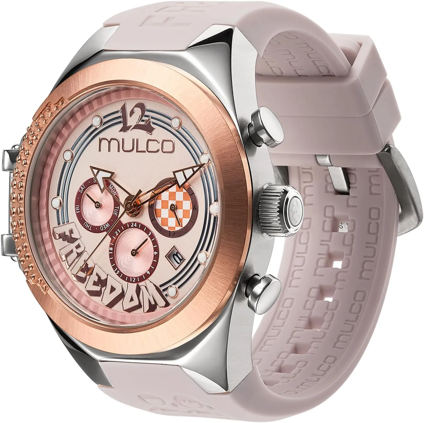Face Analog Display, Crystal Diamonds and Gold Accents, 100m Waterproof MULCO Watches for Women Freedom, Gold Stainless Steel Case with Wrist Silicone Band, Quartz Multifunctional Movement, recreate flamboyant accord Small 