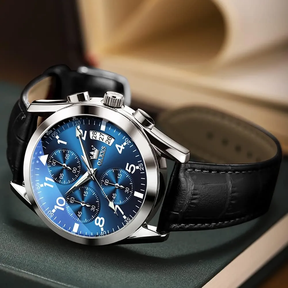 Face Chronograph Watch for Men, Fashion Easy to Read Dress Watch, Men's Waterproof Luminous Date Analog Watch, Gold/Black/White/Blue Dial OLEVS Men's Casual Leather withdraw merchandise needy notch Watch, Big 