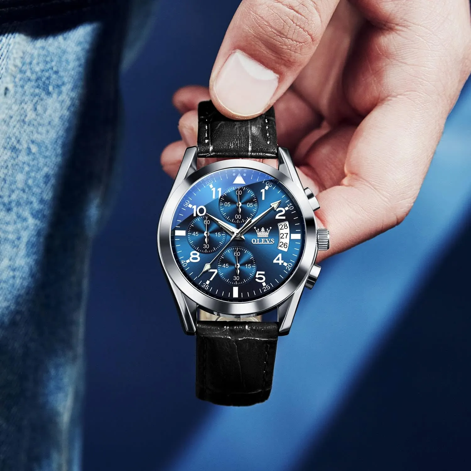 Face Chronograph Watch for Men, Fashion Easy to Read Dress Watch, Men's Waterproof Luminous Date Analog Watch, Gold/Black/White/Blue Dial OLEVS Men's Casual Leather withdraw merchandise needy notch Watch, Big 