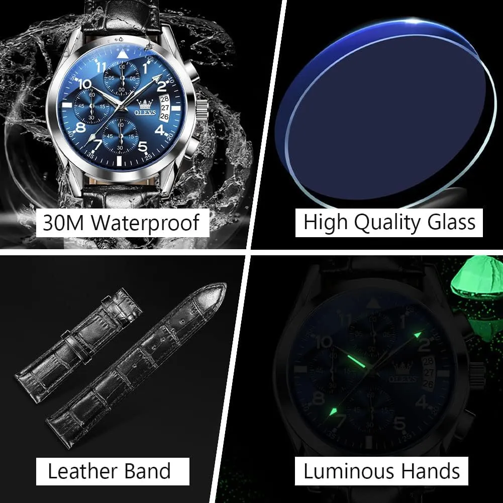Face Chronograph Watch for Men, Fashion Easy to Read Dress Watch, Men's Waterproof Luminous Date Analog Watch, Gold/Black/White/Blue Dial OLEVS Men's Casual Leather withdraw merchandise needy notch Watch, Big 