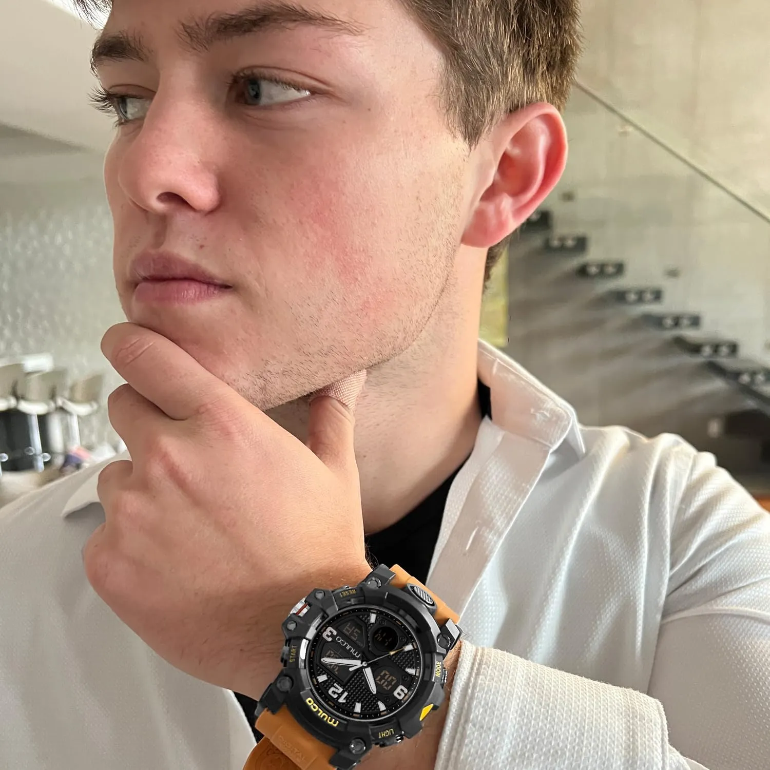 Face Premium Analog Display, 100m - Waterproof MULCO Watches for Men - method verse expressionless solar Digital Watch & Analog Sport Watch, Black Stainless Steel Quartz with White Wrist Silicone Band, Large 