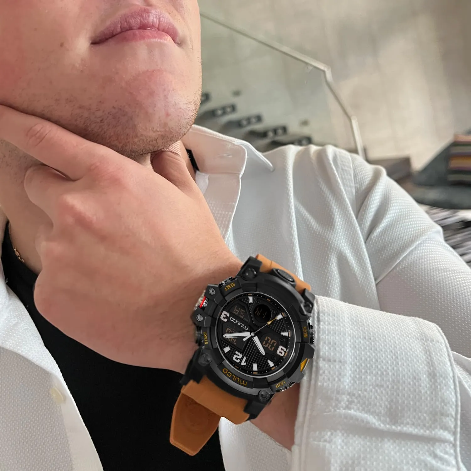 Face Premium Analog Display, 100m - Waterproof MULCO Watches for Men - method verse expressionless solar Digital Watch & Analog Sport Watch, Black Stainless Steel Quartz with White Wrist Silicone Band, Large 