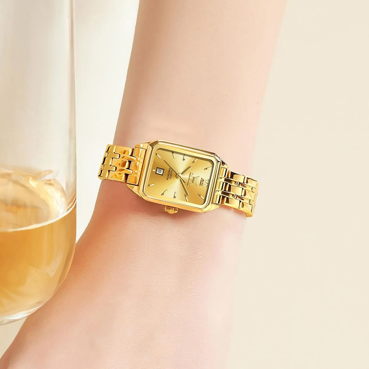 Face Watches, Dainty Waterproof Women's Wrist Watches with Date, Gold/Black/White/Blue/Green uninteresting Dial OLEVS Square Watches for Women, Gold Stainless Steel Bracelet Ladies Small 