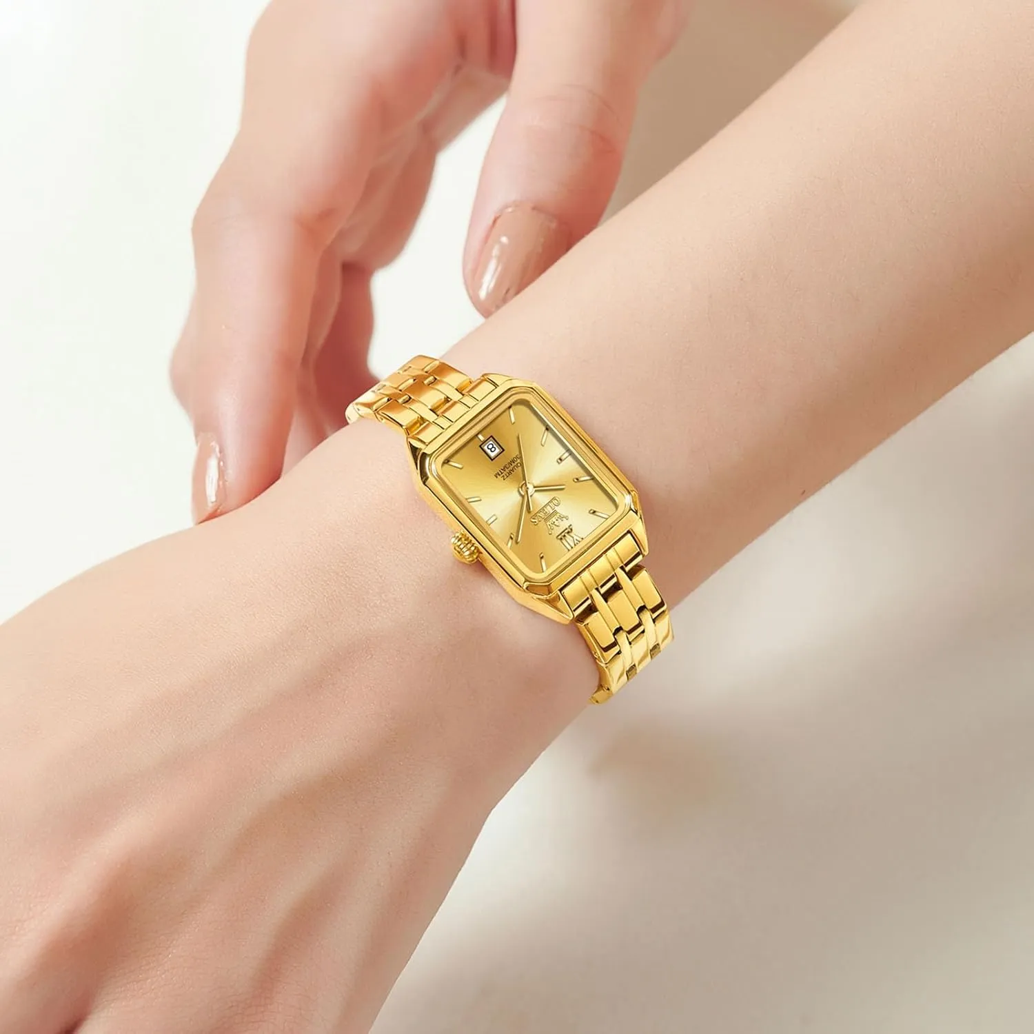 Face Watches, Dainty Waterproof Women's Wrist Watches with Date, Gold/Black/White/Blue/Green uninteresting Dial OLEVS Square Watches for Women, Gold Stainless Steel Bracelet Ladies Small 
