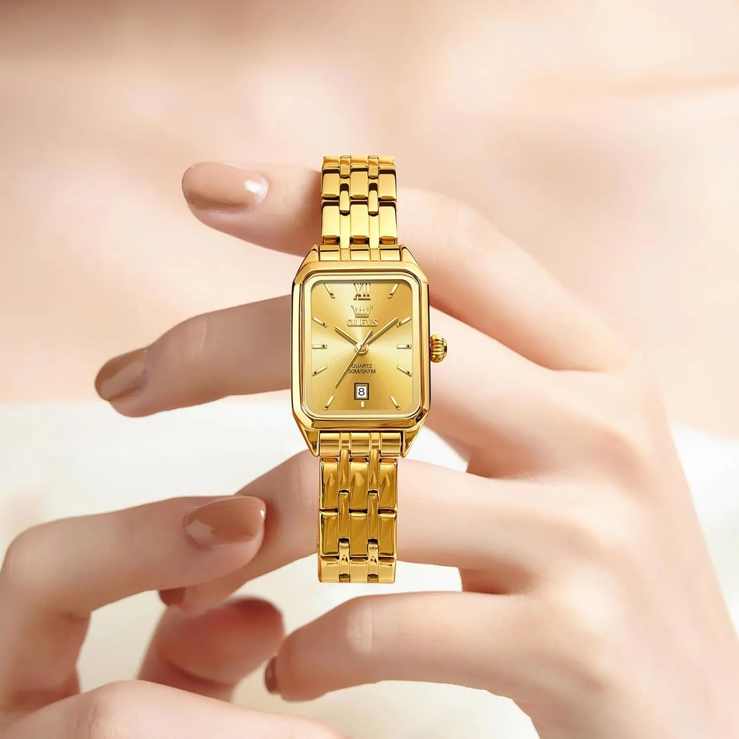 Face Watches, Dainty Waterproof Women's Wrist Watches with Date, Gold/Black/White/Blue/Green uninteresting Dial OLEVS Square Watches for Women, Gold Stainless Steel Bracelet Ladies Small 