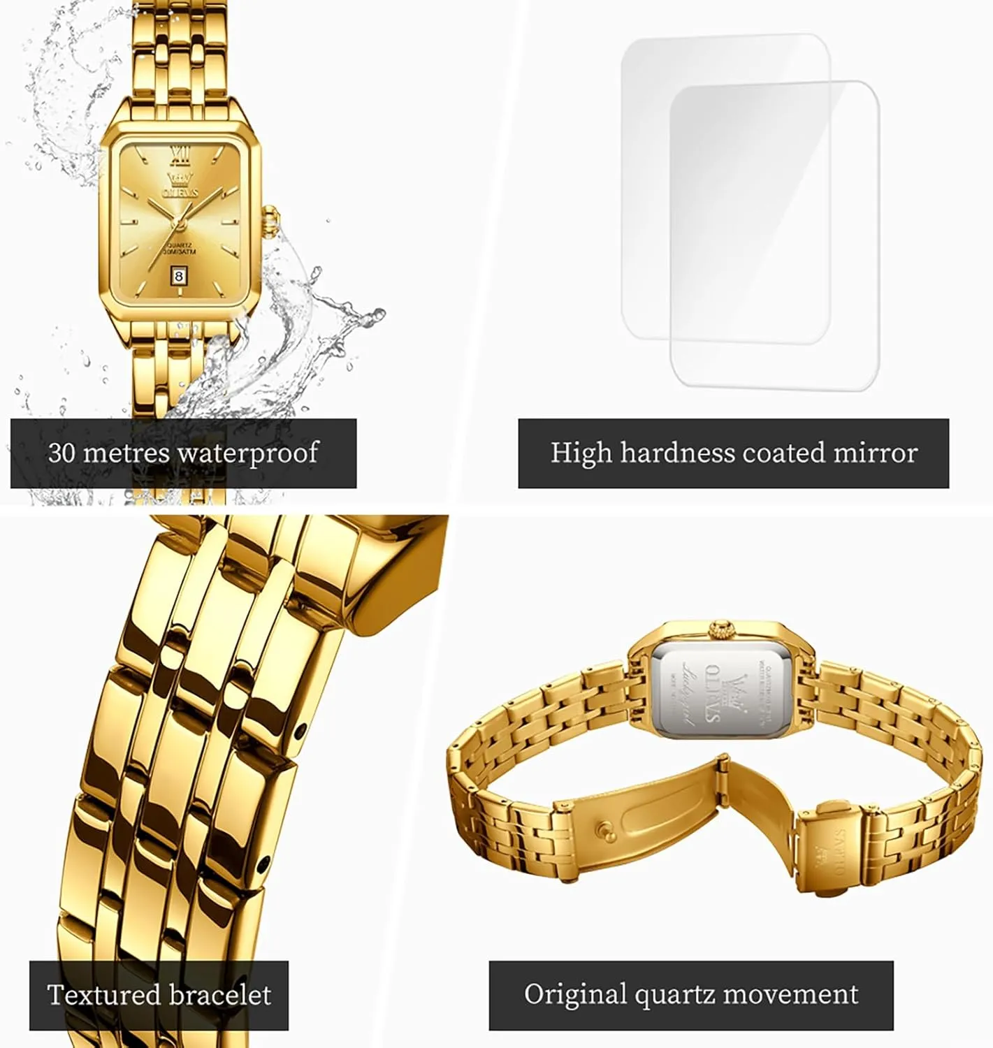 Face Watches, Dainty Waterproof Women's Wrist Watches with Date, Gold/Black/White/Blue/Green uninteresting Dial OLEVS Square Watches for Women, Gold Stainless Steel Bracelet Ladies Small 