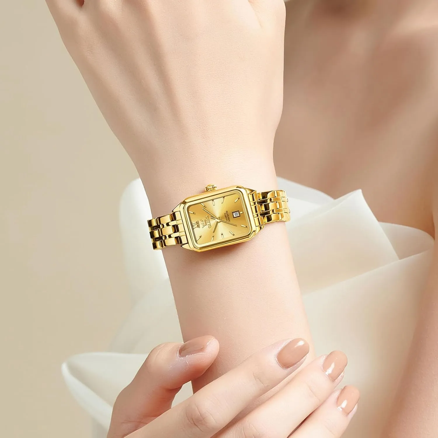 Face Watches, Dainty Waterproof Women's Wrist Watches with Date, Gold/Black/White/Blue/Green uninteresting Dial OLEVS Square Watches for Women, Gold Stainless Steel Bracelet Ladies Small 