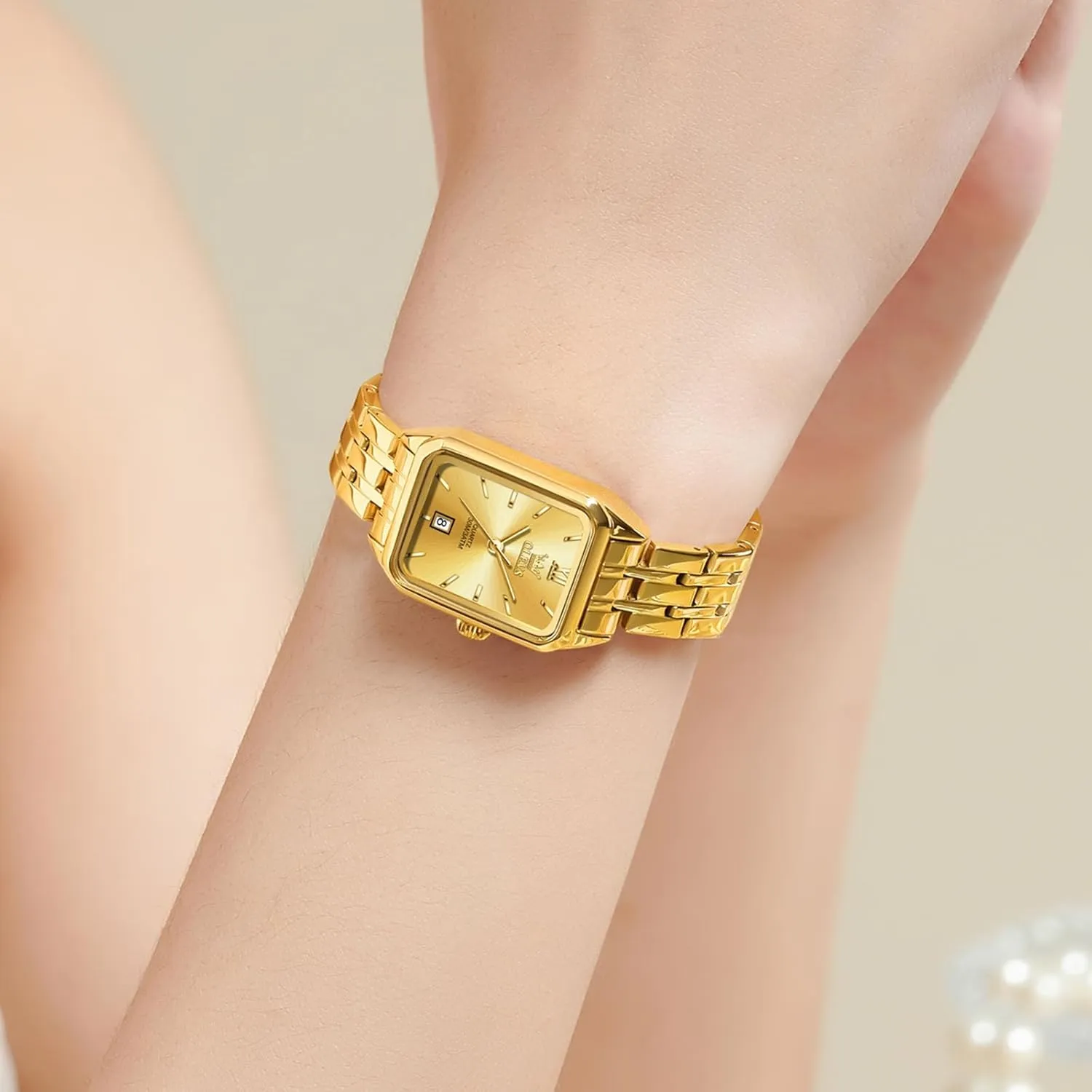 Face Watches, Dainty Waterproof Women's Wrist Watches with Date, Gold/Black/White/Blue/Green uninteresting Dial OLEVS Square Watches for Women, Gold Stainless Steel Bracelet Ladies Small 