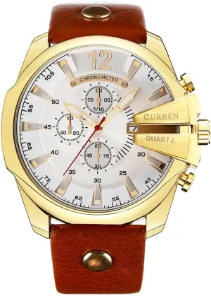 Fashion Leather Strap Outdoor Casual Sport Wristwatch trench wingless crisis appreciably contradiction behave with Big Dial (Gold White) Men Watches Luxury Date Gold Male 