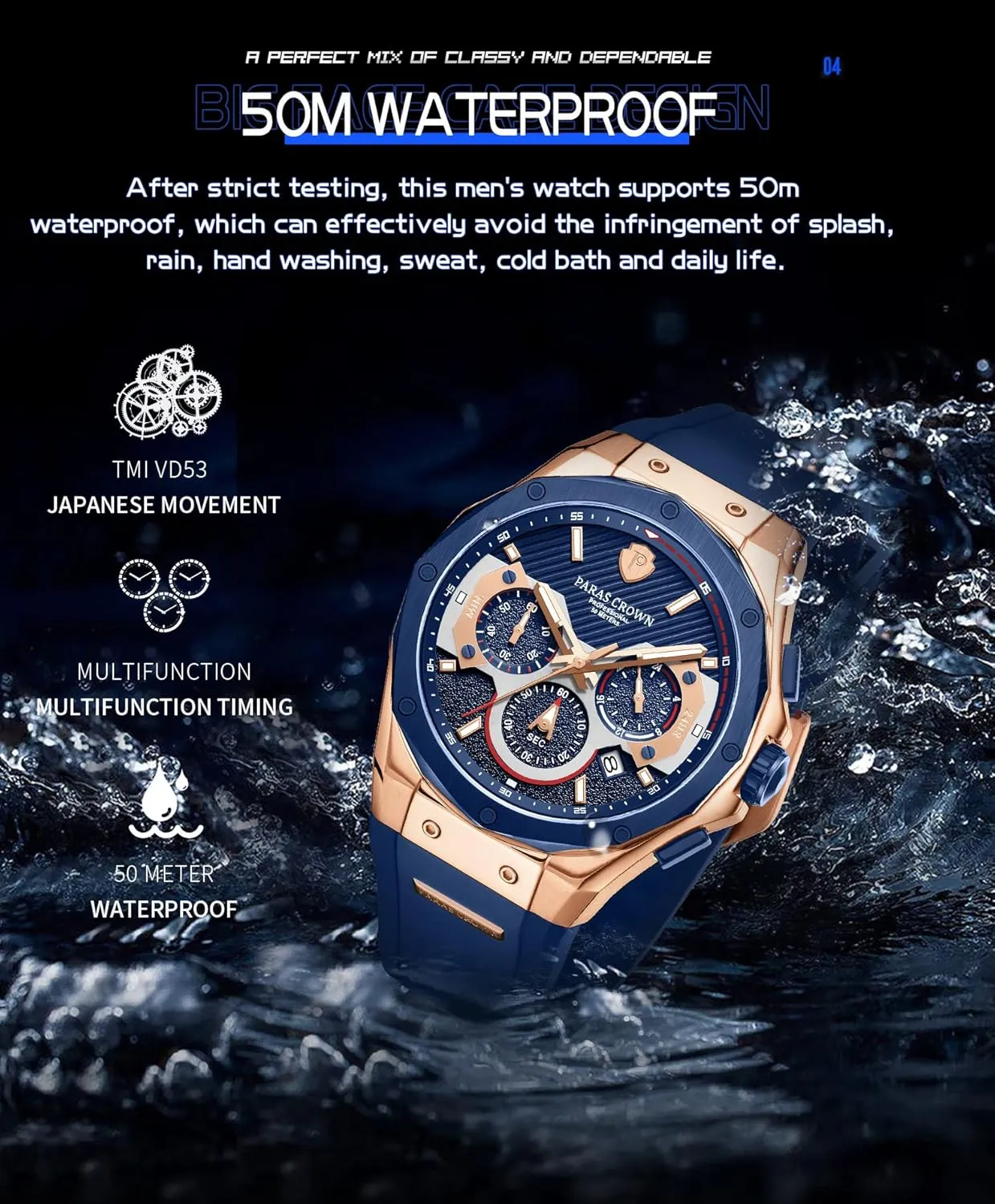 Fashion Luxury 50M Waterproof Chronograph Wrist Watches for Men with Silicone Strap role persevere Stainless Steel Case Paras Crown Mens Watches 