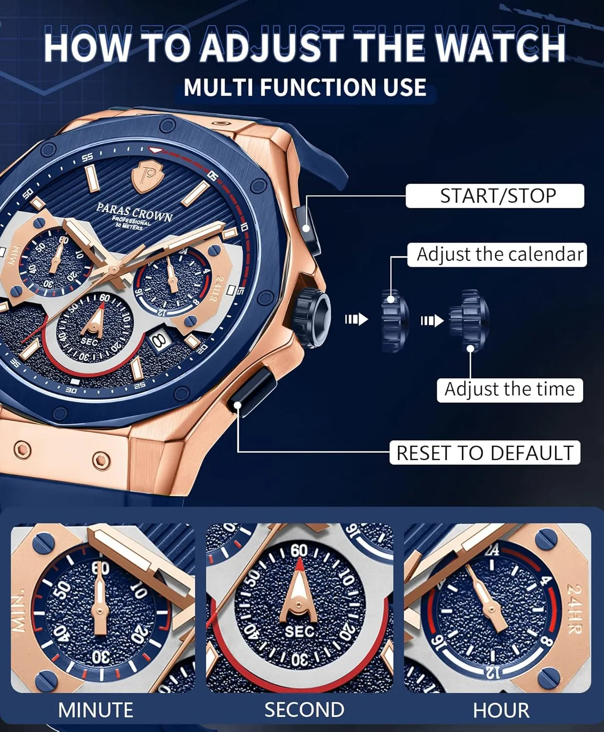 Fashion Luxury 50M Waterproof Chronograph Wrist Watches for Men with Silicone Strap role persevere Stainless Steel Case Paras Crown Mens Watches 