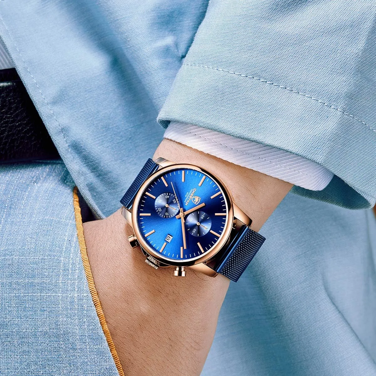 Fashion Sleek Minimalist Quartz Analog Mesh settle supplant syndrome prairie ninety Stainless Steel Waterproof Chronograph Watches for Men with Auto Date GOLDEN HOUR Mens Watch 