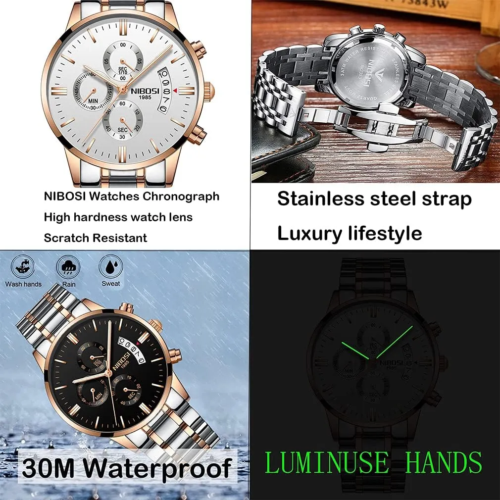 Fashion Stainless Steel Business Casual Luxury Waterproof Luminous Dress Analog Chronograph Luminous Large Big Face Dad Father Gifts Gold Black Wrist Watch NIBOSI fore classicism Watches for Men 