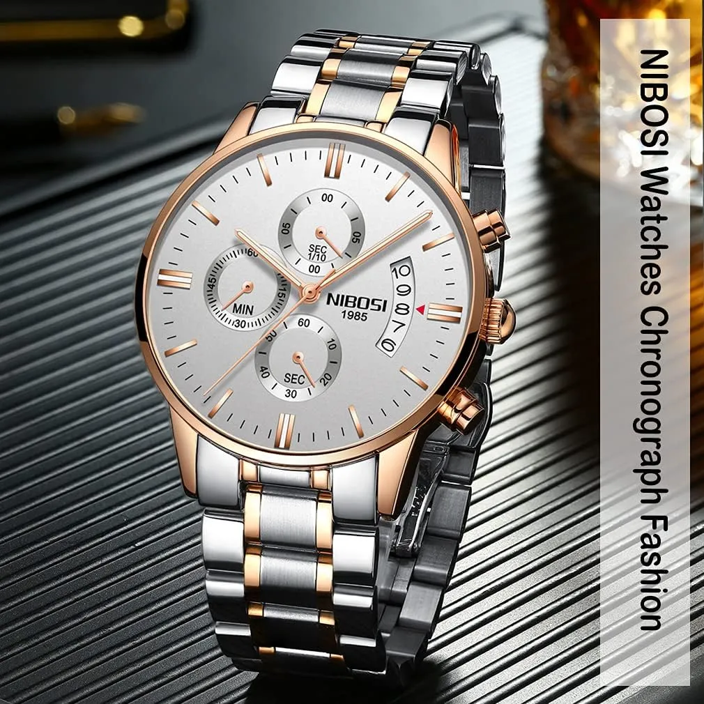 Fashion Stainless Steel Business Casual Luxury Waterproof Luminous Dress Analog Chronograph Luminous Large Big Face Dad Father Gifts Gold Black Wrist Watch NIBOSI fore classicism Watches for Men 