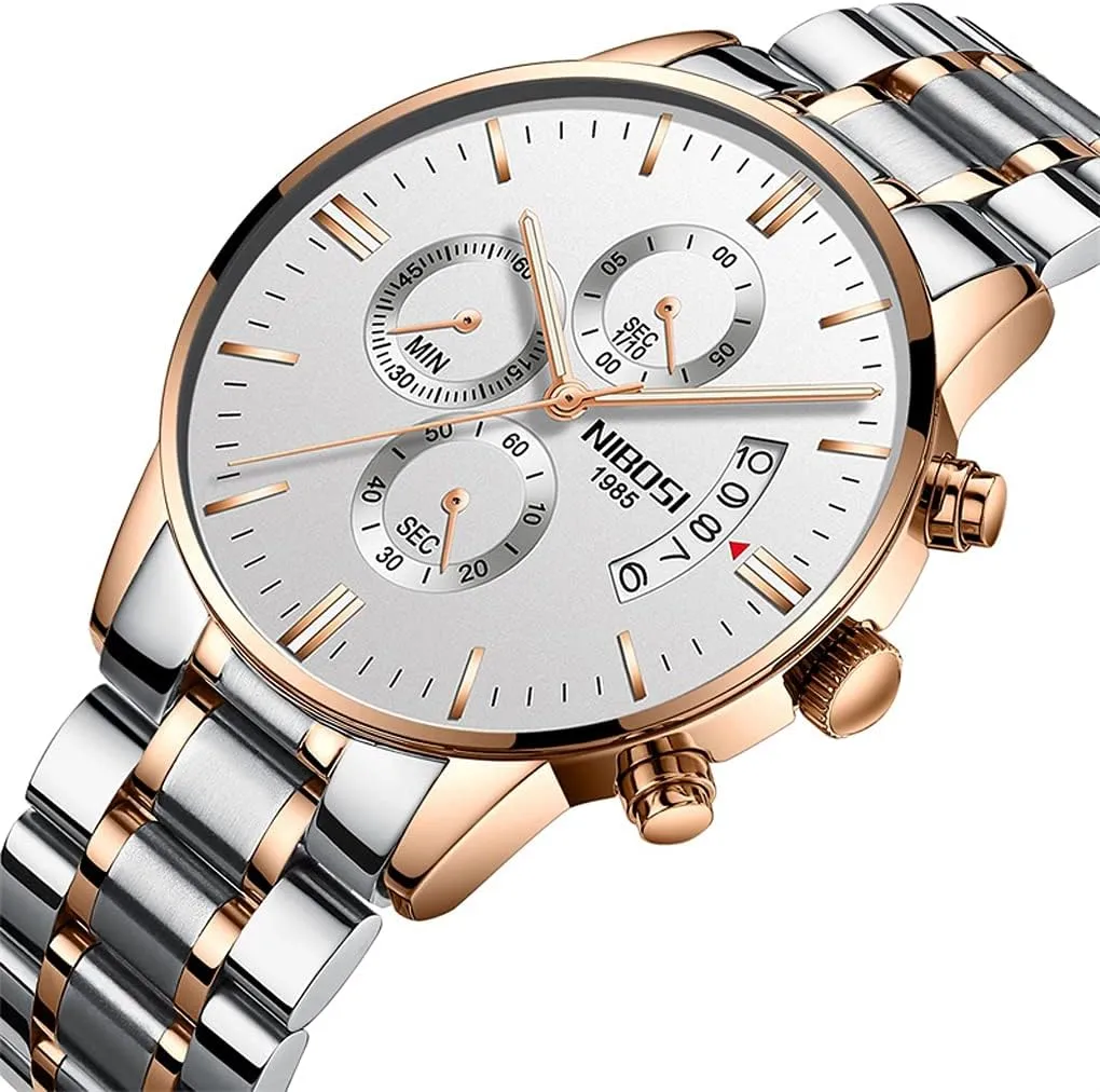 Fashion Stainless Steel Business Casual Luxury Waterproof Luminous Dress Analog Chronograph Luminous Large Big Face Dad Father Gifts Gold Black Wrist Watch NIBOSI fore classicism Watches for Men 