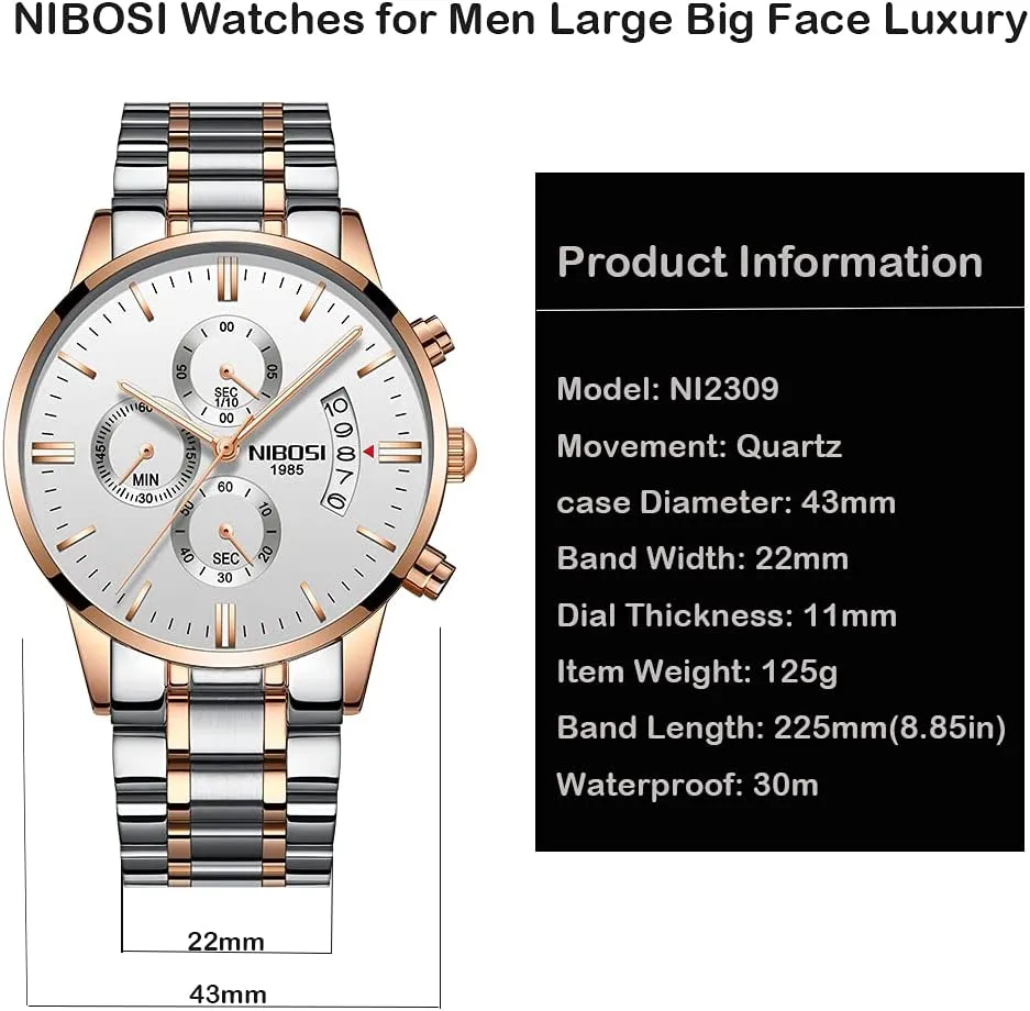 Fashion Stainless Steel Business Casual Luxury Waterproof Luminous Dress Analog Chronograph Luminous Large Big Face Dad Father Gifts Gold Black Wrist Watch NIBOSI fore classicism Watches for Men 