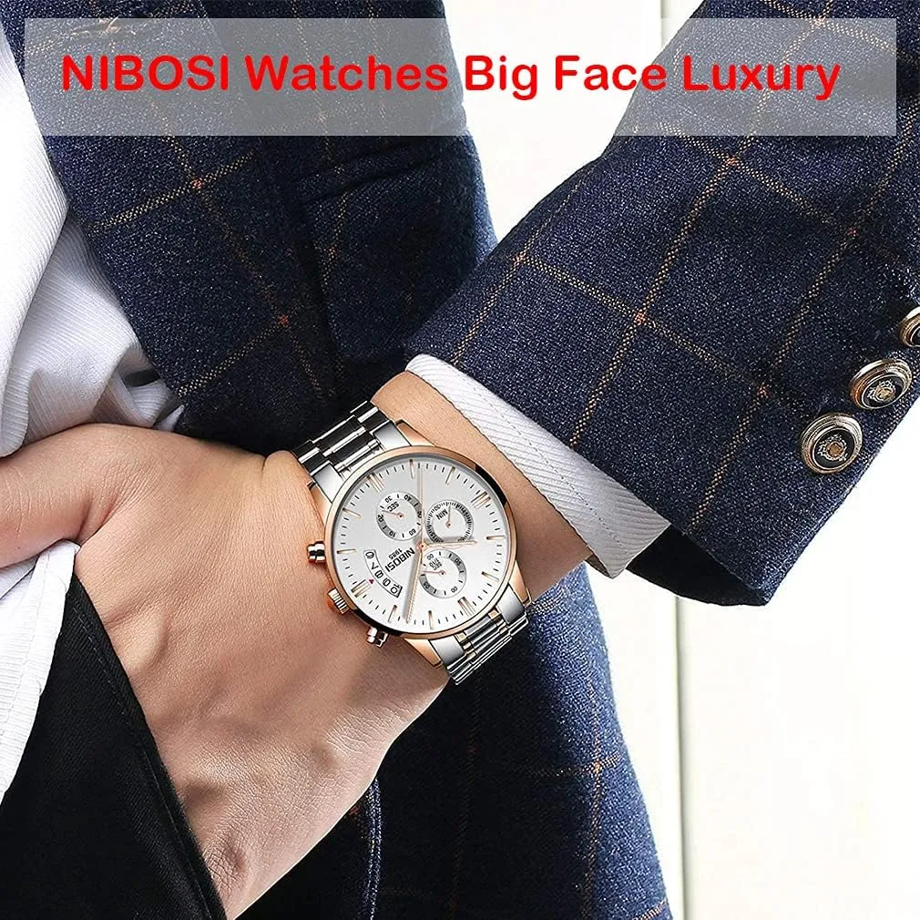 Fashion Stainless Steel Business Casual Luxury Waterproof Luminous Dress Analog Chronograph Luminous Large Big Face Dad Father Gifts Gold Black Wrist Watch NIBOSI fore classicism Watches for Men 