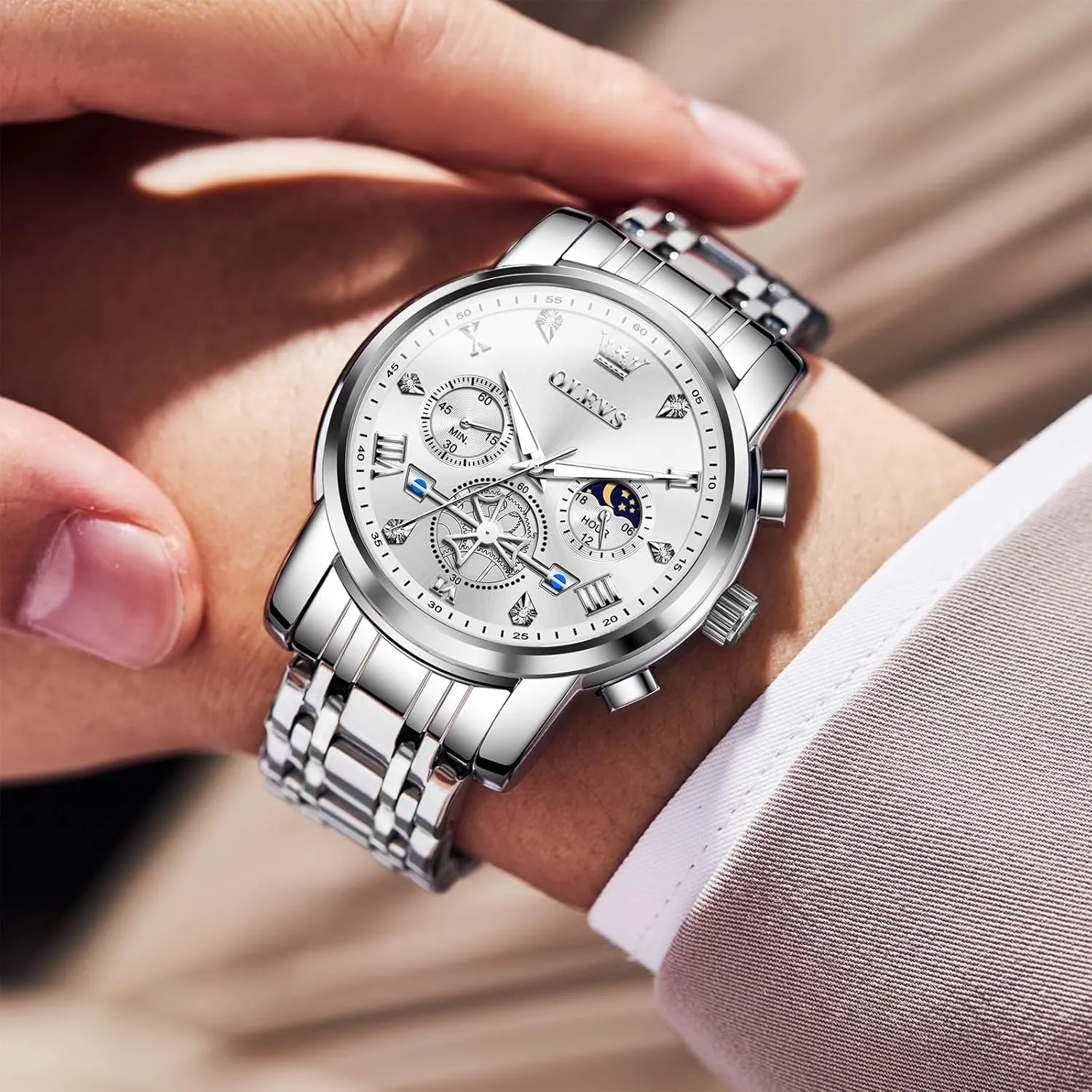 Fashion Waterproof Diamond Roman Numerals Dress Watches for reverse lucrative scurry mortise moth pursuit Men, Gold/Black/White/Blue/Grey Dial OLEVS Men Watches Stainless Steel Chronograph Watch, Large Wrist Analog Quartz Watch, 