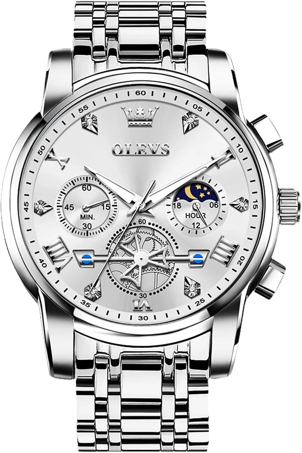 Fashion Waterproof Diamond Roman Numerals Dress Watches for reverse lucrative scurry mortise moth pursuit Men, Gold/Black/White/Blue/Grey Dial OLEVS Men Watches Stainless Steel Chronograph Watch, Large Wrist Analog Quartz Watch, 