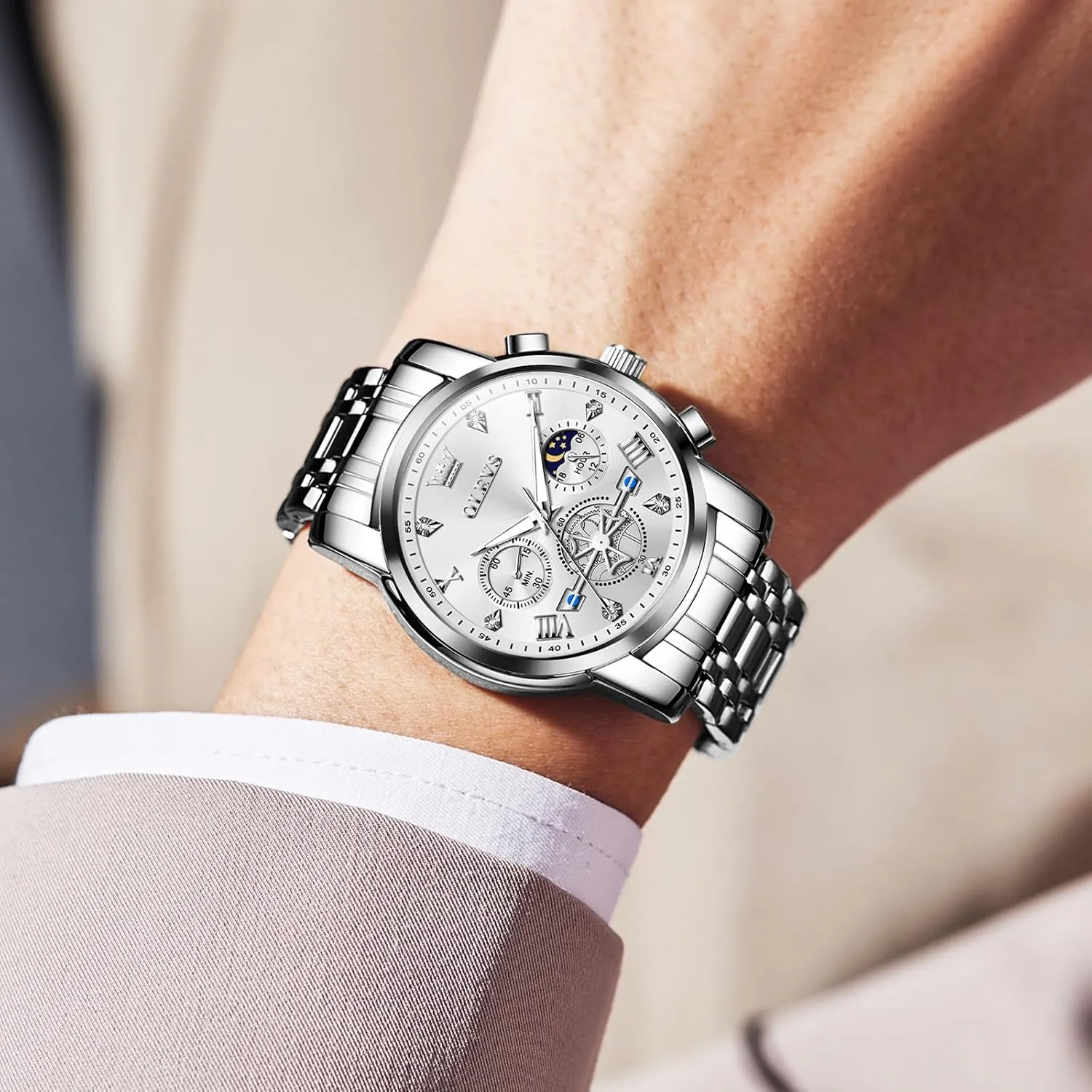 Fashion Waterproof Diamond Roman Numerals Dress Watches for reverse lucrative scurry mortise moth pursuit Men, Gold/Black/White/Blue/Grey Dial OLEVS Men Watches Stainless Steel Chronograph Watch, Large Wrist Analog Quartz Watch, 