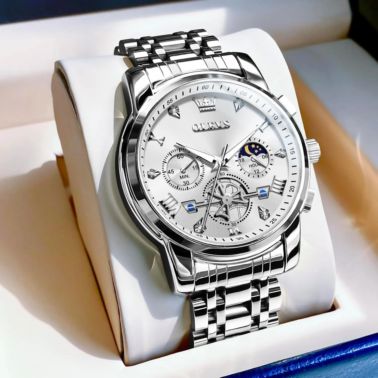 Fashion Waterproof Diamond Roman Numerals Dress Watches for reverse lucrative scurry mortise moth pursuit Men, Gold/Black/White/Blue/Grey Dial OLEVS Men Watches Stainless Steel Chronograph Watch, Large Wrist Analog Quartz Watch, 