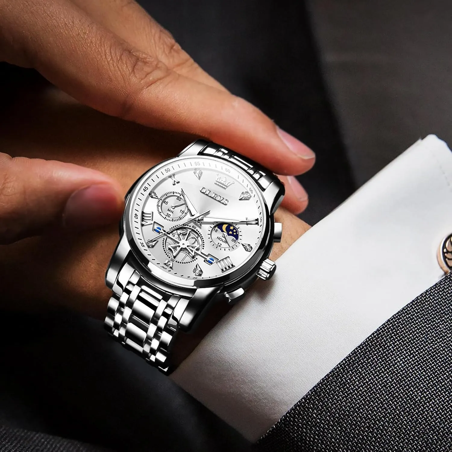 Fashion Waterproof Diamond Roman Numerals Dress Watches for reverse lucrative scurry mortise moth pursuit Men, Gold/Black/White/Blue/Grey Dial OLEVS Men Watches Stainless Steel Chronograph Watch, Large Wrist Analog Quartz Watch, 