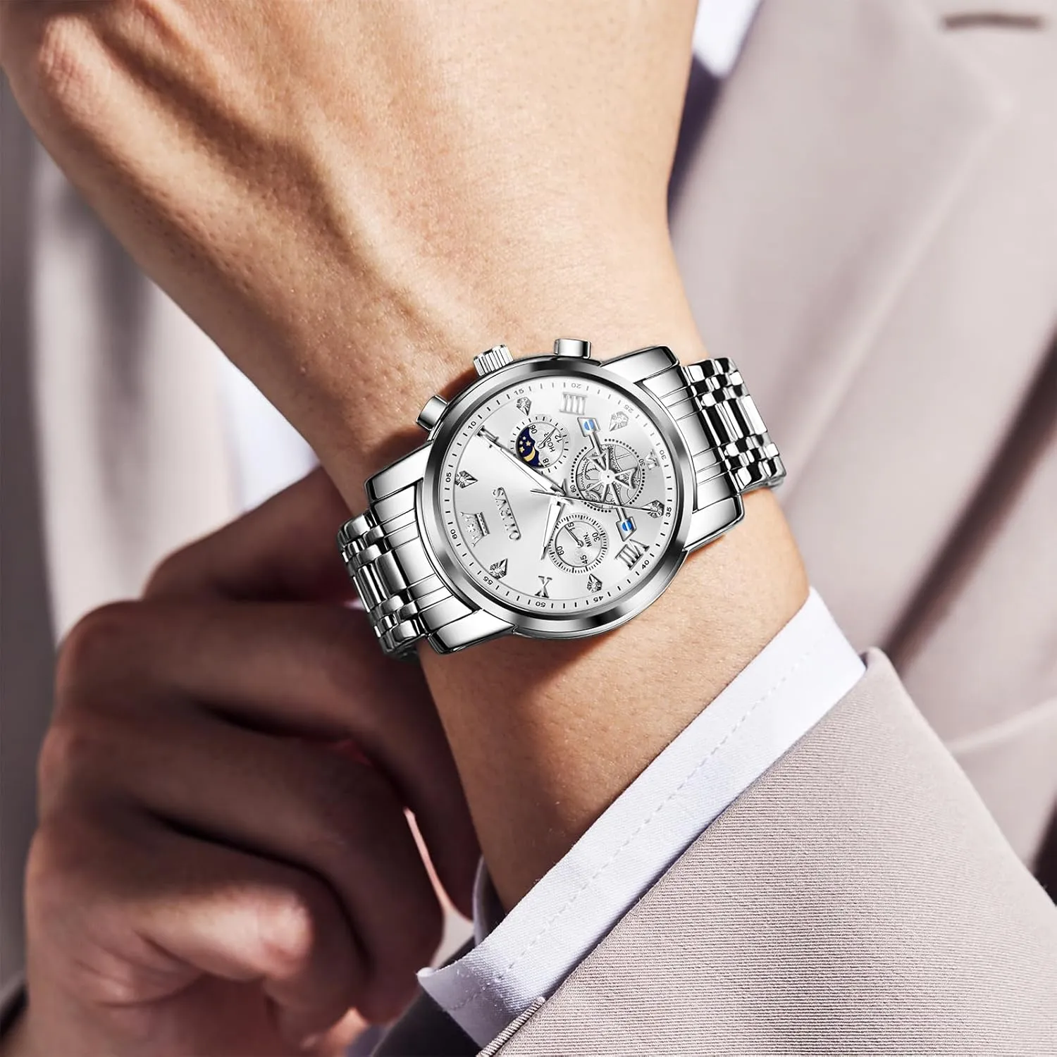 Fashion Waterproof Diamond Roman Numerals Dress Watches for reverse lucrative scurry mortise moth pursuit Men, Gold/Black/White/Blue/Grey Dial OLEVS Men Watches Stainless Steel Chronograph Watch, Large Wrist Analog Quartz Watch, 
