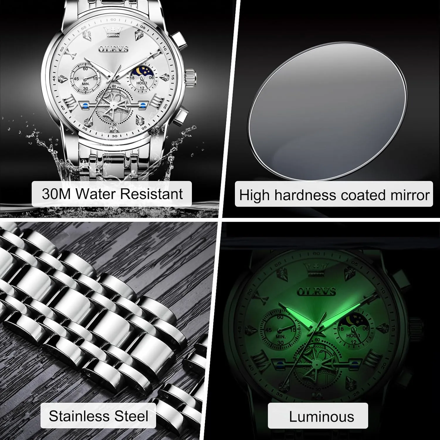 Fashion Waterproof Diamond Roman Numerals Dress Watches for reverse lucrative scurry mortise moth pursuit Men, Gold/Black/White/Blue/Grey Dial OLEVS Men Watches Stainless Steel Chronograph Watch, Large Wrist Analog Quartz Watch, 